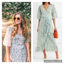 Ganni Tilden Wrap Dress Midi Mesh Ruffles Floral Print Knee Length sz 36