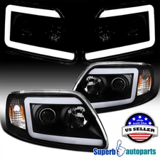 Fits 1997-2003 Ford F150 Expedition Projector Headlights W/ LED Strip Lamp Black