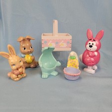 Vintage Easter Bunny Decor Lot Pink Wind Up R...