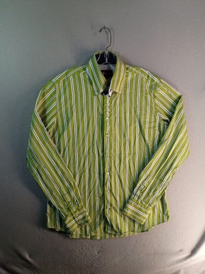 7 camicie Men XL Slim Fit Lime Green Striped Long Sleeve Button Down Dress Shirt