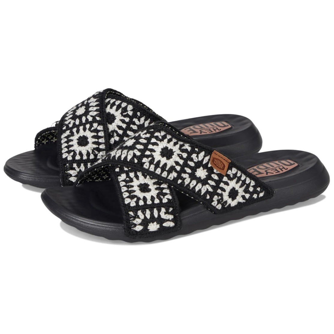 Hey Dude Christi Slide Cottage Crochet Sandals Black White Womens Size 7 NEW