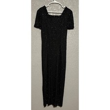 Papell Boutique Evening Black Silk Sequin Beaded Sweetheart Maxi Dress 6 Gown