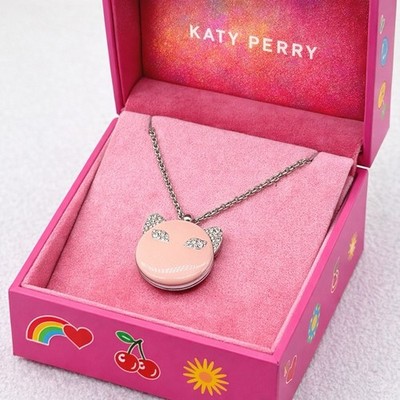 Katy Perry 'Meow' rosa Emaille Katze Anhänger/Medaillon Halskette-Kristall Set-lang 33''