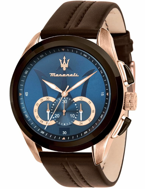 ま*お様 Maserati クロノグラフ 腕時計 Maserati Men's Watch Chronograph Leather Strap Blue Dial Gold