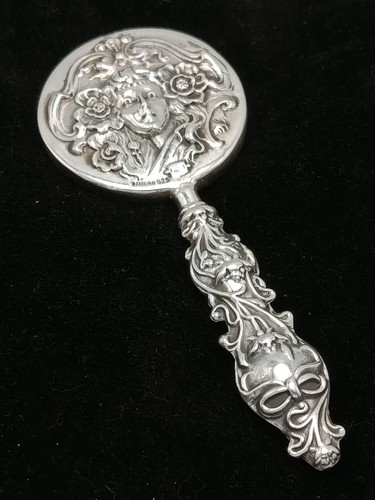 Vintage Small Handbag Hand Mirror Repousse Maiden Sterling Silver 112 mm Length