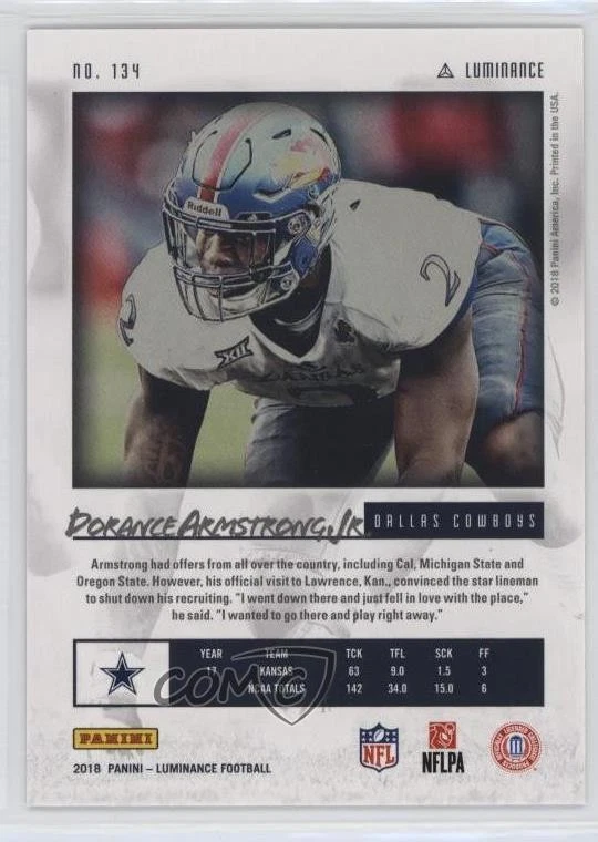 2018 Panini Luminance Orange /225 Dorance Armstrong Jr #134 Rookie RC - Image 2 of 2
