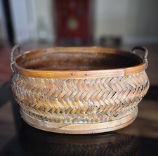 Vintage Woven Bamboo Basket Herringbone Pattern With Handles