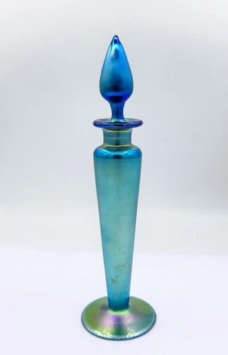Signed Vintage Blue Aurene Steuben Perfume Bottle w/ Flame Top Stopper Numbered