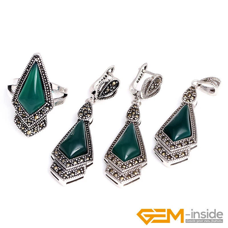 Juego de aretes de piedras preciosas naturales colgante seleccionado antiguo plata marcasita Foto 2 de 4