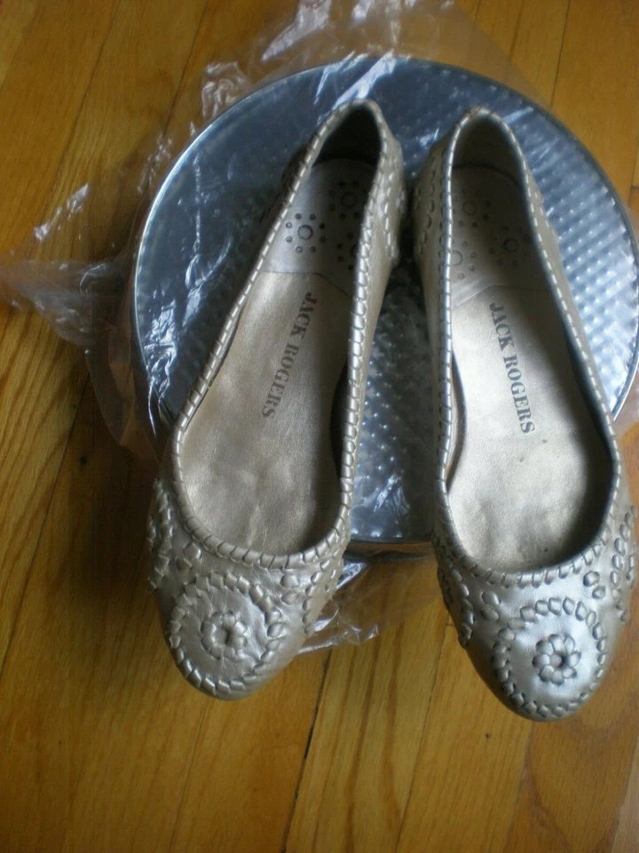 Jack Rogers Women's Sz 8.5 Navajo Leather Ballet Flats Gold Woven Detail Shoe - Image 2 of 4