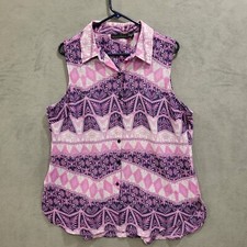Attention Blouse Sleeveless Womens Size XL Sheer Button-Up Top Colorful Casual