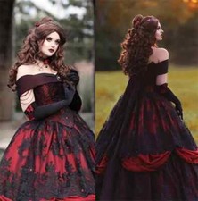Gothic Red Black Wedding Dresses Gown Lace Applique Corset Lace Applique Beaded
