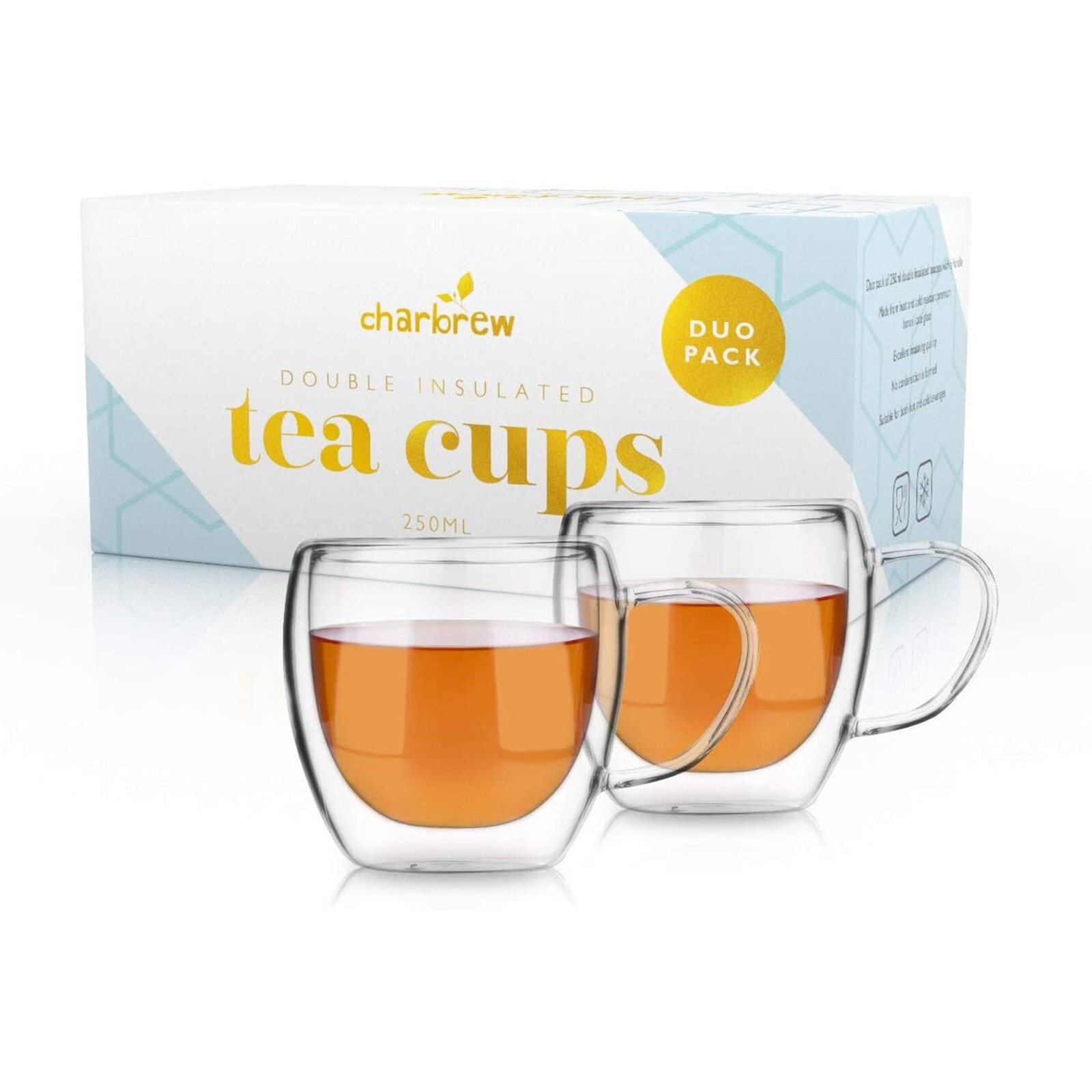 Duo Pack Glass Tea Cups 250ml Double Walled With Handle by Charbrew