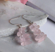 Pink Pebble Shaped Frosted Sea Glass Silver Ladies Dangle Earrings- Seaglass