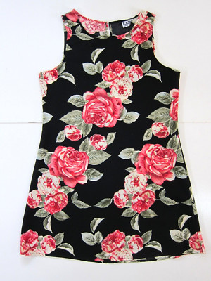 Liberty Apparel L.A.N.Y. Rayon Black Pink Rose Floral Shift Tank Dress Medium