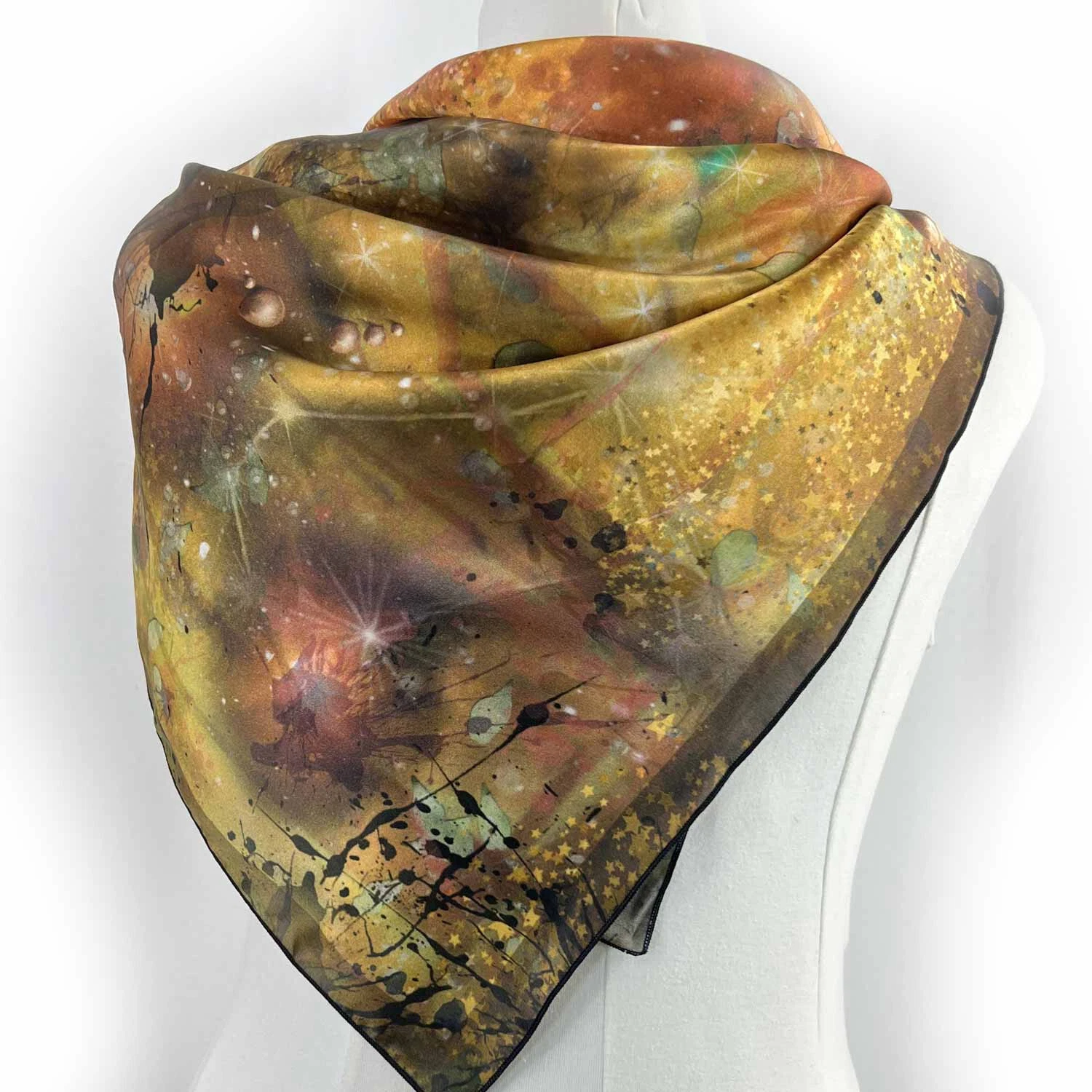 Golden Universe Square Silk Scarf with Sky, Stars. Wrap, Shawl, Hijab, Ascot
