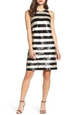 eliza j sequin shift dress NWT ELIZA J Sequined Blouson Shift Dress with Balloon sleeves in Silver-size 0