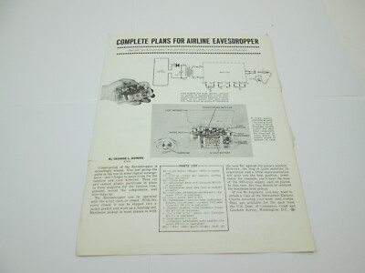 Vintage Popular Electronic Complete Plans  Airline Eavesdropper Schematic 1 Page