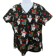 Frosty The Snowman Scrub Top Womens Size L Black Red Merry Christmas Shirt