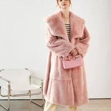 Women Pink Full Pelt Real Rex Rabbit Fur Coat Big Lapel Chinchilla Outerwear