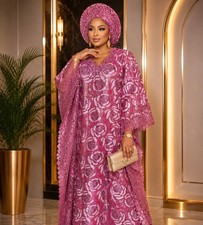 African Cord Lace Sequin Boubou Dress Nigerian Kaftan Aso Ebi Wedding Plus Size