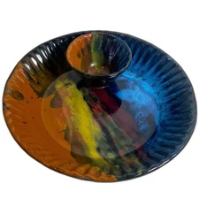 Aways Azul Pottery Platter & Dip Serving Set Drip Glaze Stoneware Colorado