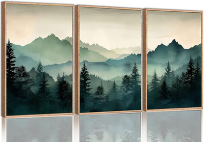 Framed Mountain Wall Art Set of 3 Sage Green Forest Canvas Prints Nature Landsca