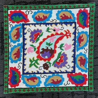 STUNNING UZBEK IROQI HAND EMBROIDERD CROSS STITCH SILK  CUSHION COVER