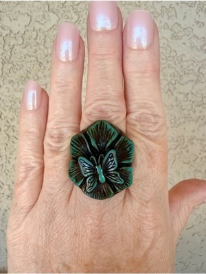 Unique Resin Green Floral Butterfly Statement Ring