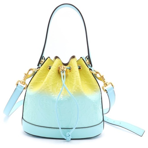 Tory Burch T Monogram Patent Bucket Bag 2 Way Crossbody Light Blue Yellow Gold
