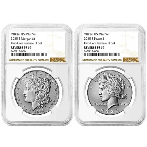 2pc Set - 2025-S Reverse Proof $1 Morgan and Peace Silver Dollar NGC PF69 Brown