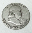 1951 D Benjamin Franklin Half Dollar, 90% Silver US Uncertified,  50 cent coin