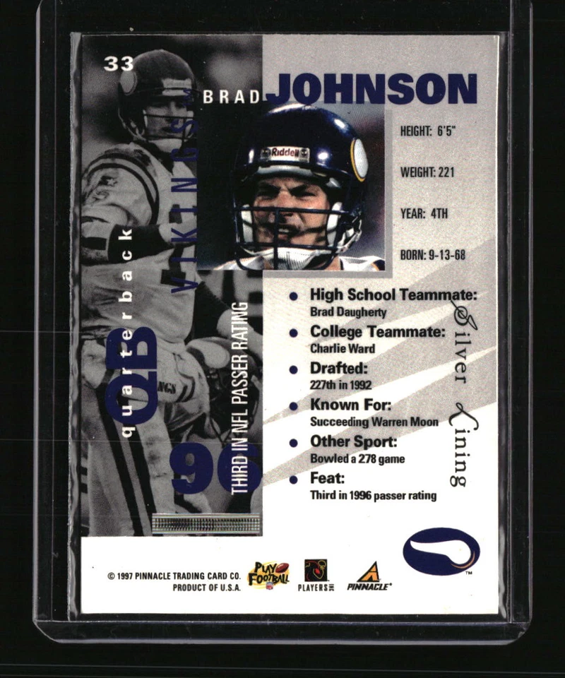1997 Pinnacle Inside #33 Brad Johnson Silver Lining - Image 2 of 2