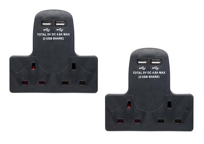2 Wege Gang Multi-Stecker 13A Wandadapter mit 2x USB Ports 4,8A schwarz - 2er Set