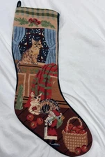 Vtg Kitty Cat Christmas Needlepoint Finished Stocking Window  20"