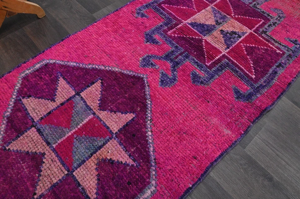 Vintage Turkish Runner Rug 3x9ft Wool Anatolian Handmade Hallway Oushak PINK - Image 3 of 4