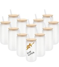 NEW 12 Pack Sublimation 16oz Glass Frosted Cups with Bamboo Lids Straws