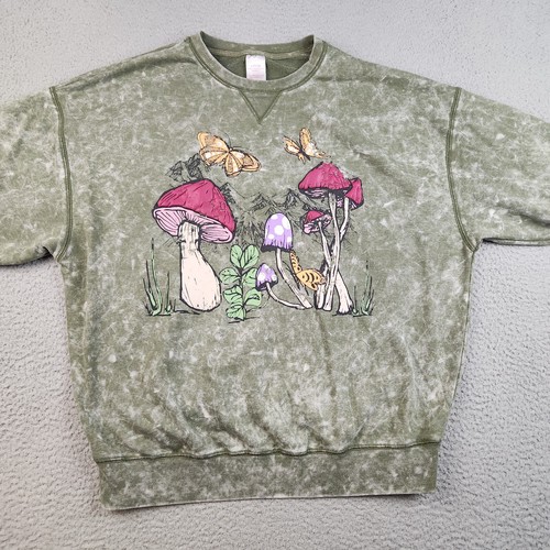 No Boundaries Mushroom Butterfly Green Tie-Dye Sweatshirt Women's Large Textured - Picture 3 of 8