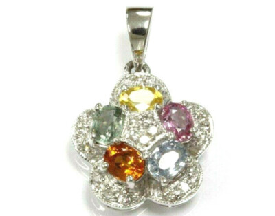 1,3 ctw natürlicher mehrfarbiger Saphir & Diamant 14k Weißgold Blume Anhänger