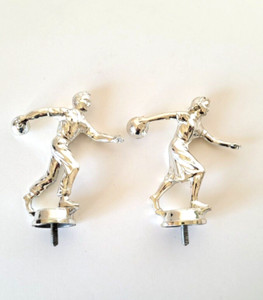 Two Bowling Trophy Toppers Silver Tone Cast Metal, Marked Dodge Inc. CHGO-Newark