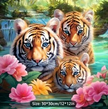 Tiger Diamond Art Kit Round Acrylic Craft Set For Home Decor, Frameless 12x12