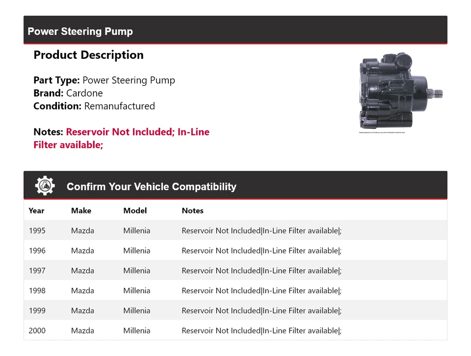 Bomba de dirección asistida Cardone 1996 1997 1998 1999 para Mazda Millenia 1995-2000 Foto 2 de 4