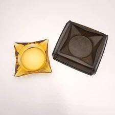 Vintage MCM 2-piece Amber Glass Ashtray with Leather-look case Matina Decor 3M