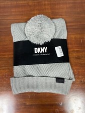 DKNY Women's Gray Pom Hat Beanie Scarf Set NWT 88
