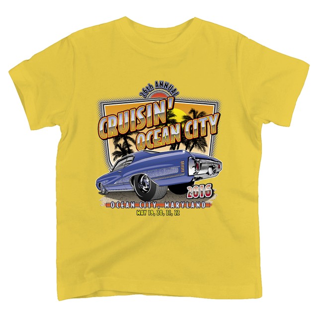 2016 Cruisin official classic car show youth tshirt yellow Ocean City
