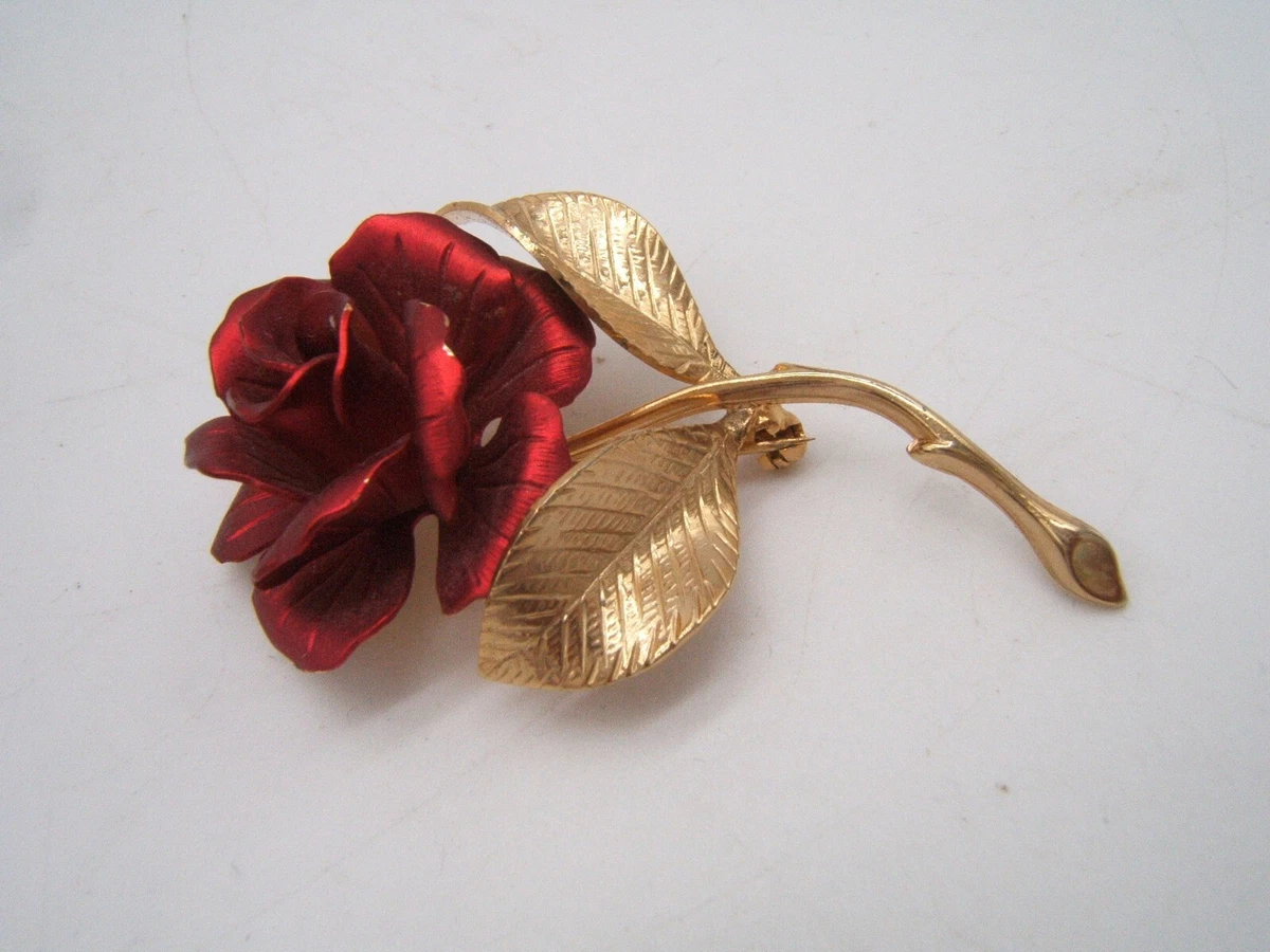 VINTAGE CERRITO RED SATIN ENAMEL GOLD TONE ROSE PIN BROOCH eBay
