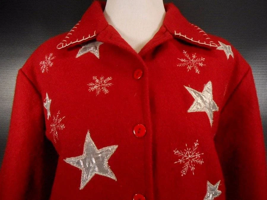 Linda jaqueta feminina média leve dois vermelhos com estrelas prateadas flocos de neve boneco de neve - Imagem 2 de 4