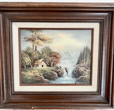 R Shadow Original Signed Oil Painting Framed Cabin Landscape Waterfall Vintage