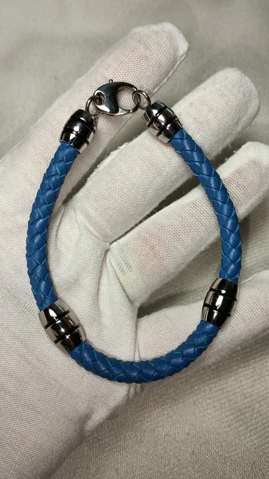 Men’s BlackJack Stainless Steel Blue Blue Braided Genuine Leather Bracelet 9 In - Image 2 of 4