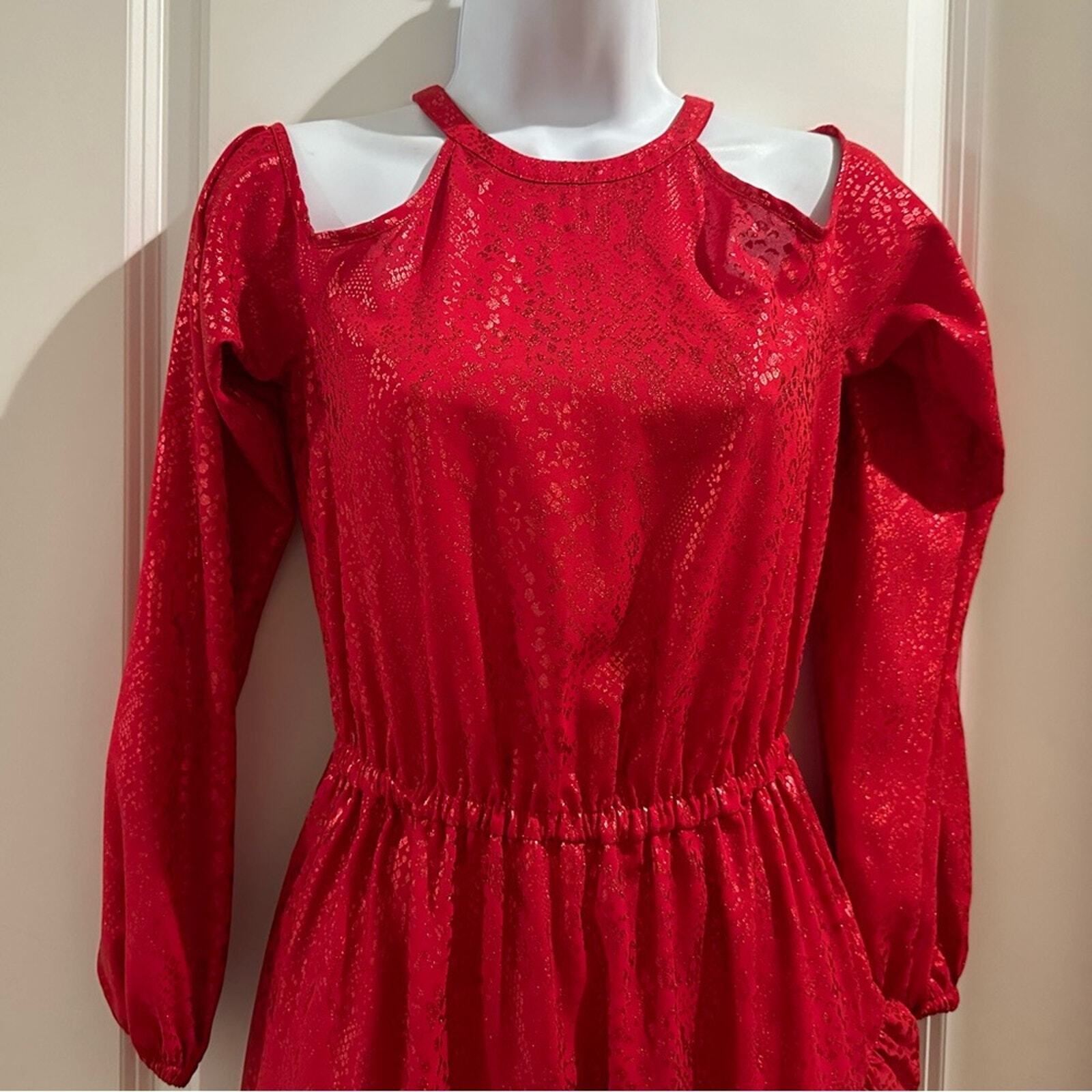 Michael Michael Kors Printed Cold Shoulder Dress Women's S Crimson Long Sleeves thumbnail 8